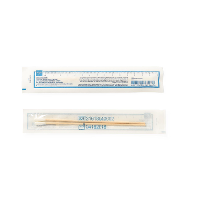 A sealed Medline Sterile Cotton-Tipped Applicator in clear packaging is shown above a clear plastic ruler with blue markings on a white background. See product specifications and warranty details in the downloads section.