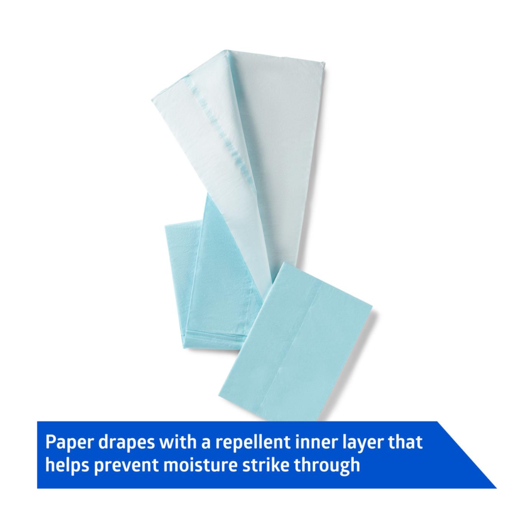Several folded, light blue Medline Sterile Disposable Surgical Drapes with a repellent inner layer are shown on a white background. Caption: Repellent inner layer helps prevent moisture strike through—see product specification.