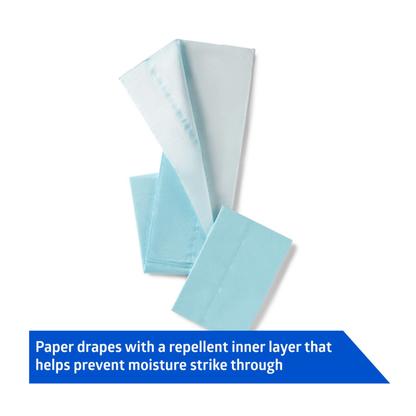 Several folded, light blue Medline Sterile Disposable Surgical Drapes with a repellent inner layer are shown on a white background. Caption: Repellent inner layer helps prevent moisture strike through—see product specification.