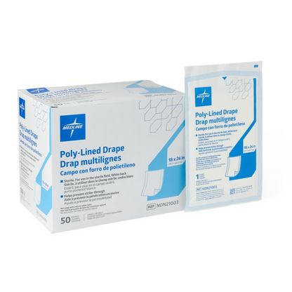 A box and a single packet of Medline Sterile Disposable Surgical Drapes, 18x26 in., in white packaging with blue text, showing product specs. Each drape is sterile, disposable, and features a polyethylene lining.