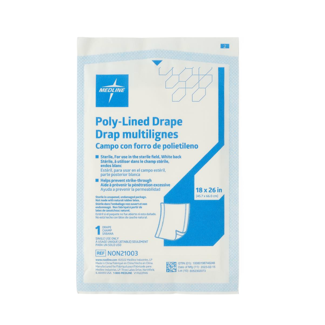 A package of Medline Sterile Disposable Surgical Drapes, poly-lined, 18 x 26 inches, blue and white design with product details in English, Spanish, and French on the front.
