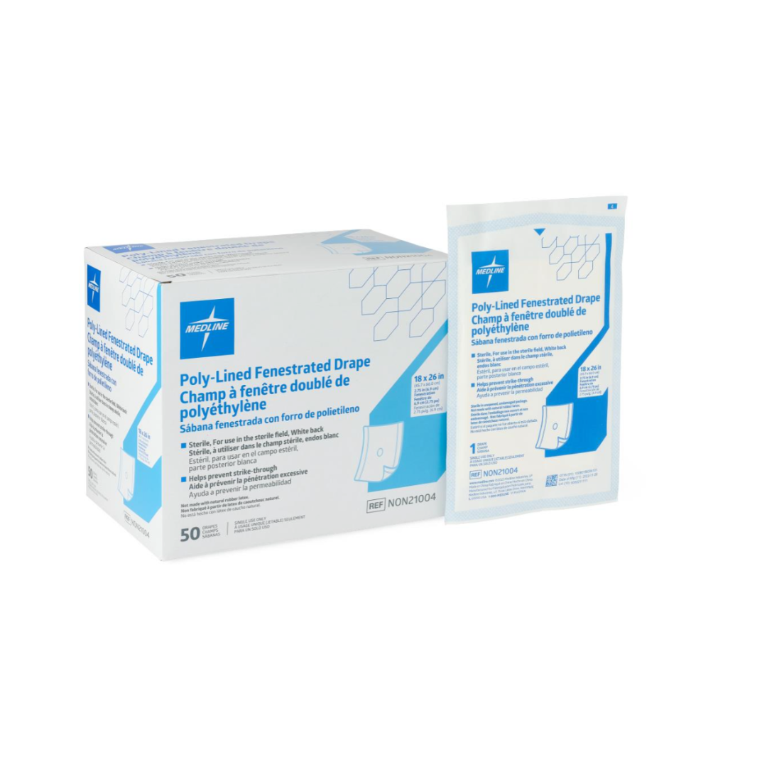 A box and a single package of Medline Sterile Fenestrated Disposable Drapes, shown in white packaging with blue accents, display the product name, details, and illustrations.