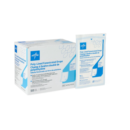 A box and a single package of Medline Sterile Fenestrated Disposable Drapes, shown in white packaging with blue accents, display the product name, details, and illustrations.