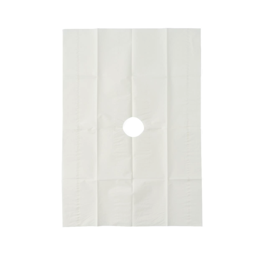 A rectangular Medline Sterile Fenestrated Disposable Drape in white, featuring a central circular opening, is displayed flat on a plain white background.
