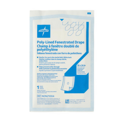A package labeled Medline Sterile Fenestrated Disposable Drapes displays product details in English and Spanish, blue geometric graphics, and an illustration of the drape design on a white background.