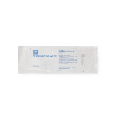 A sealed white paper package labeled "Medline Sterile Medication Syringes - 1 mL" with blue text, barcode, and specifications, containing a sterile medical syringe.