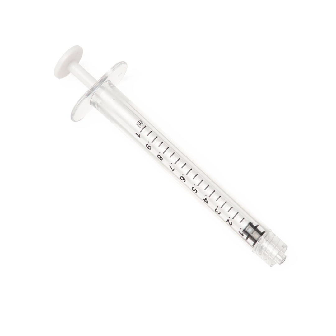 The Medline Sterile Medication Syringe - 1 mL features a clear plastic barrel with black measurement markings and a white plunger, shown without a needle. See full specs and warranty info in the downloads section.