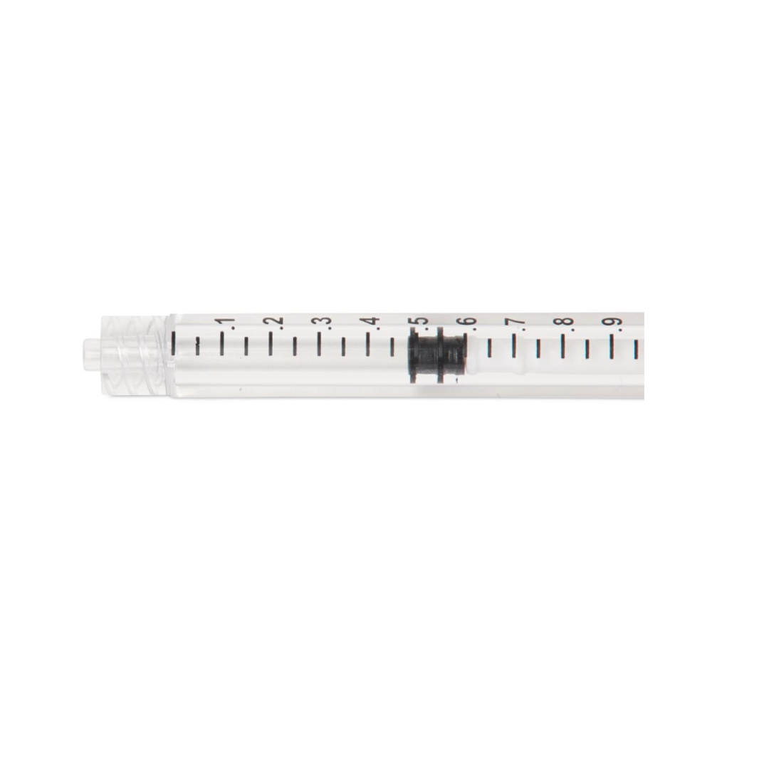 A close-up of the Medline Sterile Medication Syringe - 1 mL, featuring clear measurement markings from 1 to 10 and the plunger set at 5, highlights its precise specifications.