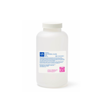 A clear plastic bottle with a white cap and white label contains Medline Sterile 0.9% Normal Saline; the label has blue text, a bottom-right QR code, and product specs for easy reference.