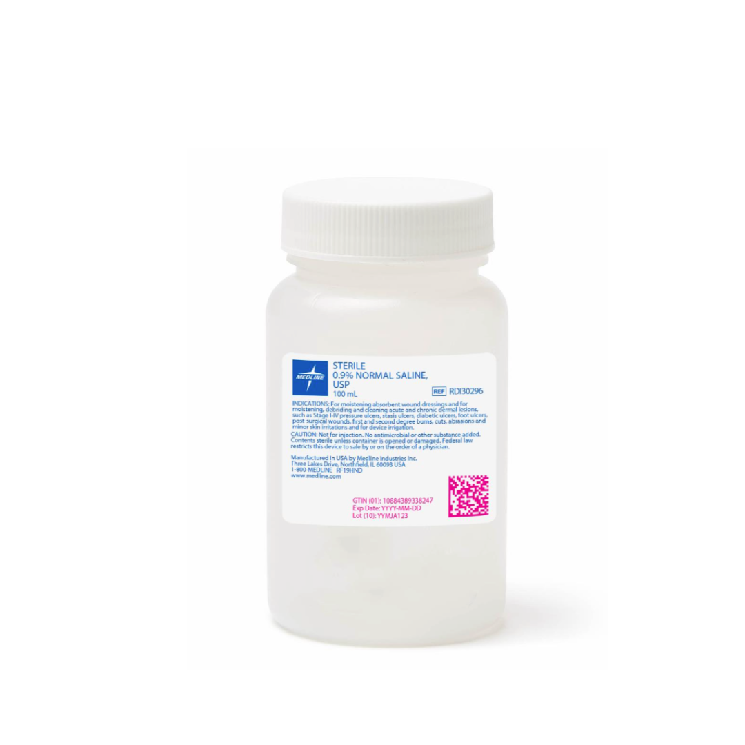 A white plastic bottle with a white cap, labeled Medline Sterile 0.9% Normal Saline in blue and pink text, features a barcode on the front and stands upright against a white background. Product specs are usually listed in an accompanying spec table.