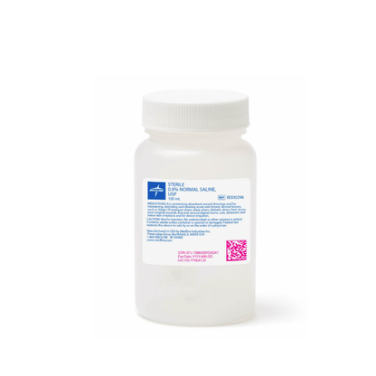 A white plastic bottle with a white cap, labeled Medline Sterile 0.9% Normal Saline in blue and pink text, features a barcode on the front and stands upright against a white background. Product specs are usually listed in an accompanying spec table.