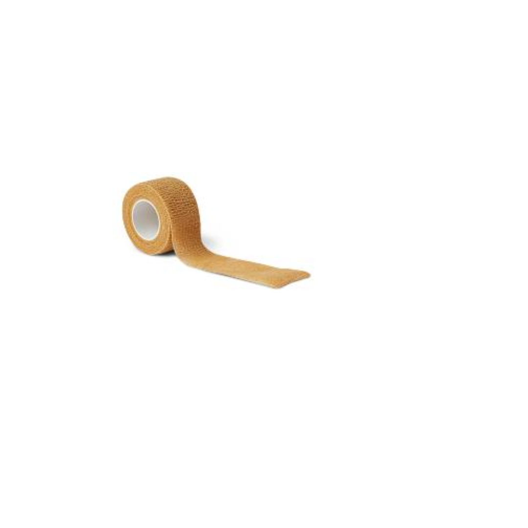 A roll of Medline Sterile Self-Adherent Latex Wrap in tan is partially unrolled on a white background, highlighting its secure and versatile self-adherent latex design.