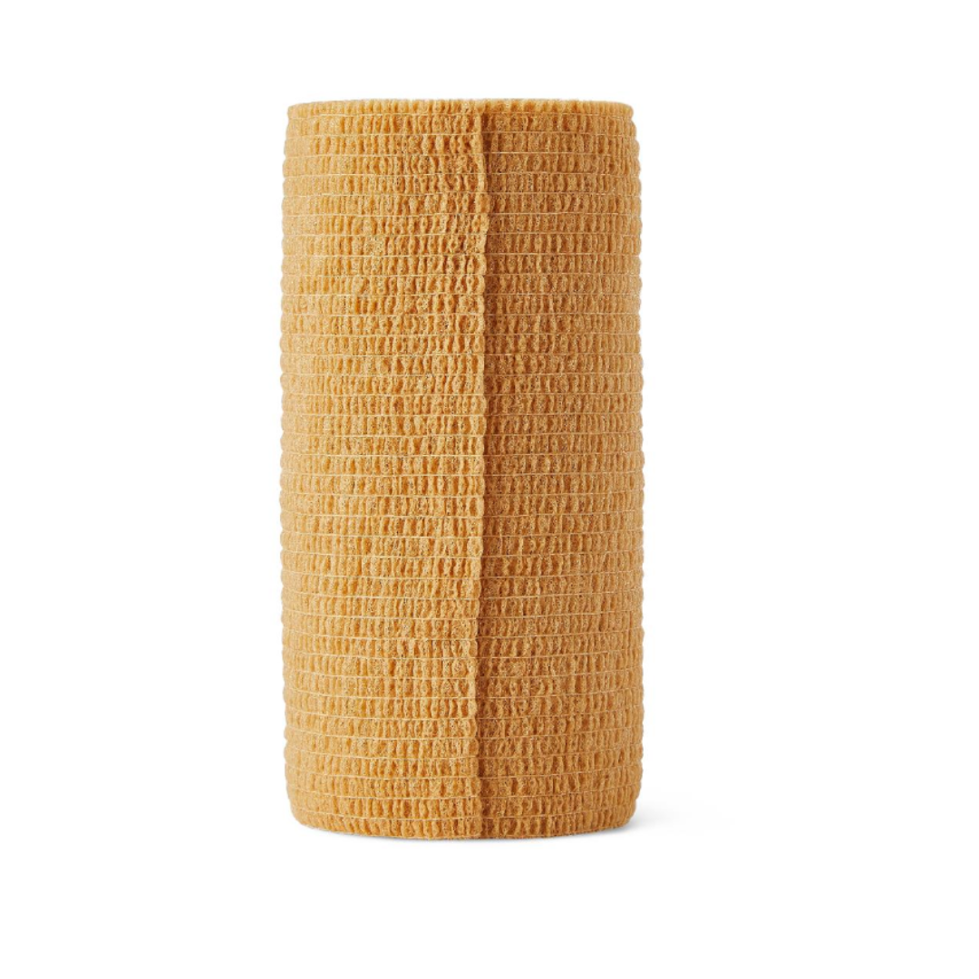 A cylindrical roll of Medline Sterile Self-Adherent Latex Wrap stands upright on a white background, highlighting its tan color and textured, self-adherent design.