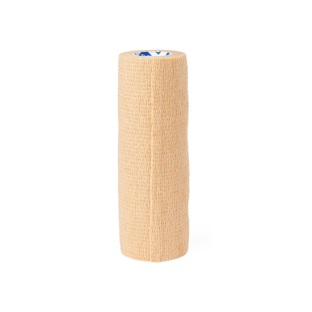 A single tan roll of Medline Sterile Self-Adherent Latex Wrap stands upright on a white background.