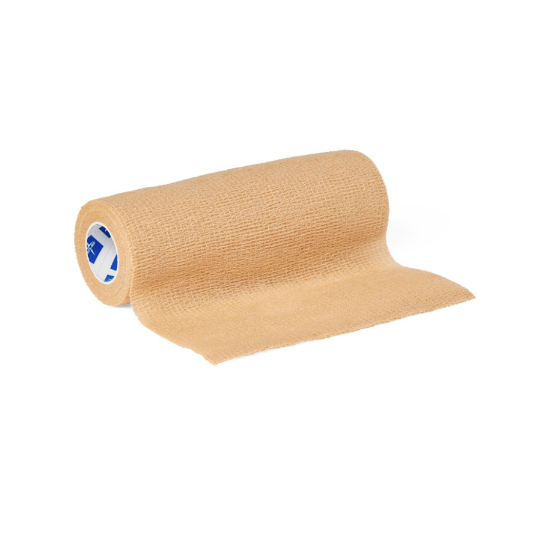 A Medline Sterile Self-Adherent Latex Wrap in beige is partially unrolled on a white background, showing its blue and white core at one end.