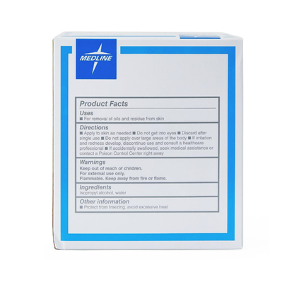 A white Medline box with blue accents displays product facts, directions, warnings, and ingredients for Medline Sterile Triple-Pack Alcohol Swabsticks with isopropyl alcohol and water. Text provides usage instructions and safety warnings.