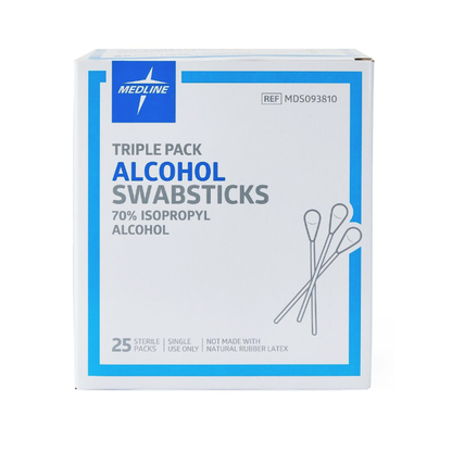 A white and blue box labeled Medline Sterile Triple-Pack Alcohol Swabsticks, 70% isopropyl alcohol, shows three sterile swabsticks and "25 single-use packs" on the packaging.