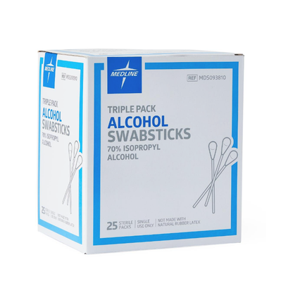 A blue and white box of Medline Sterile Triple-Pack Alcohol Swabsticks, 70% isopropyl alcohol, includes 25 sterile packs; the packaging features illustrations of swabsticks.