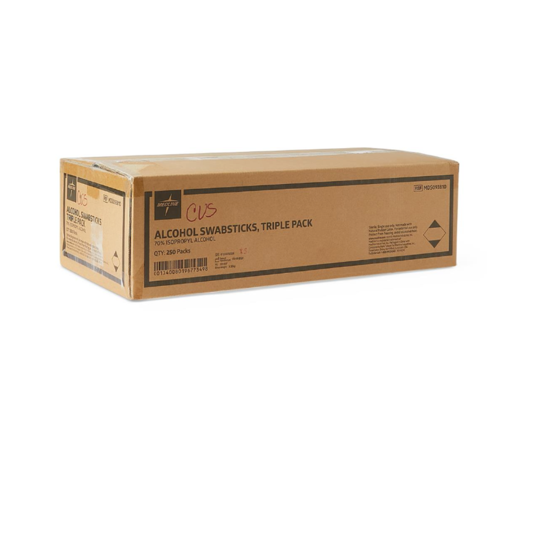 A brown cardboard box labeled “Medline Sterile Triple-Pack Alcohol Swabsticks” sits on a white background, displaying product information and barcodes like other sterile swabsticks packaging.
