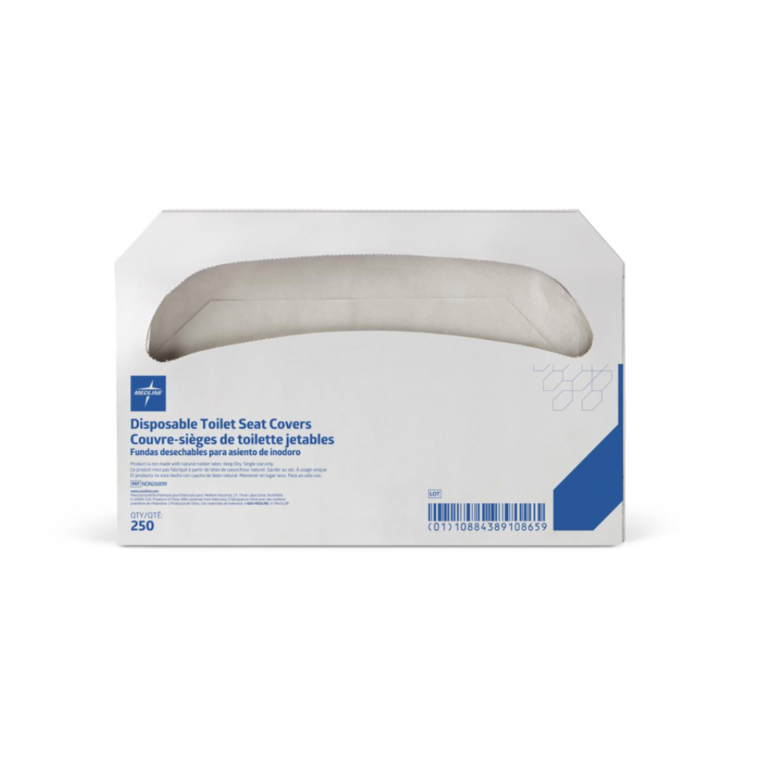 A white box of Medline Biodegradable Disposable Toilet Seat Covers (250 count), labeled in English and French, with one cover partially pulled out for easy access.