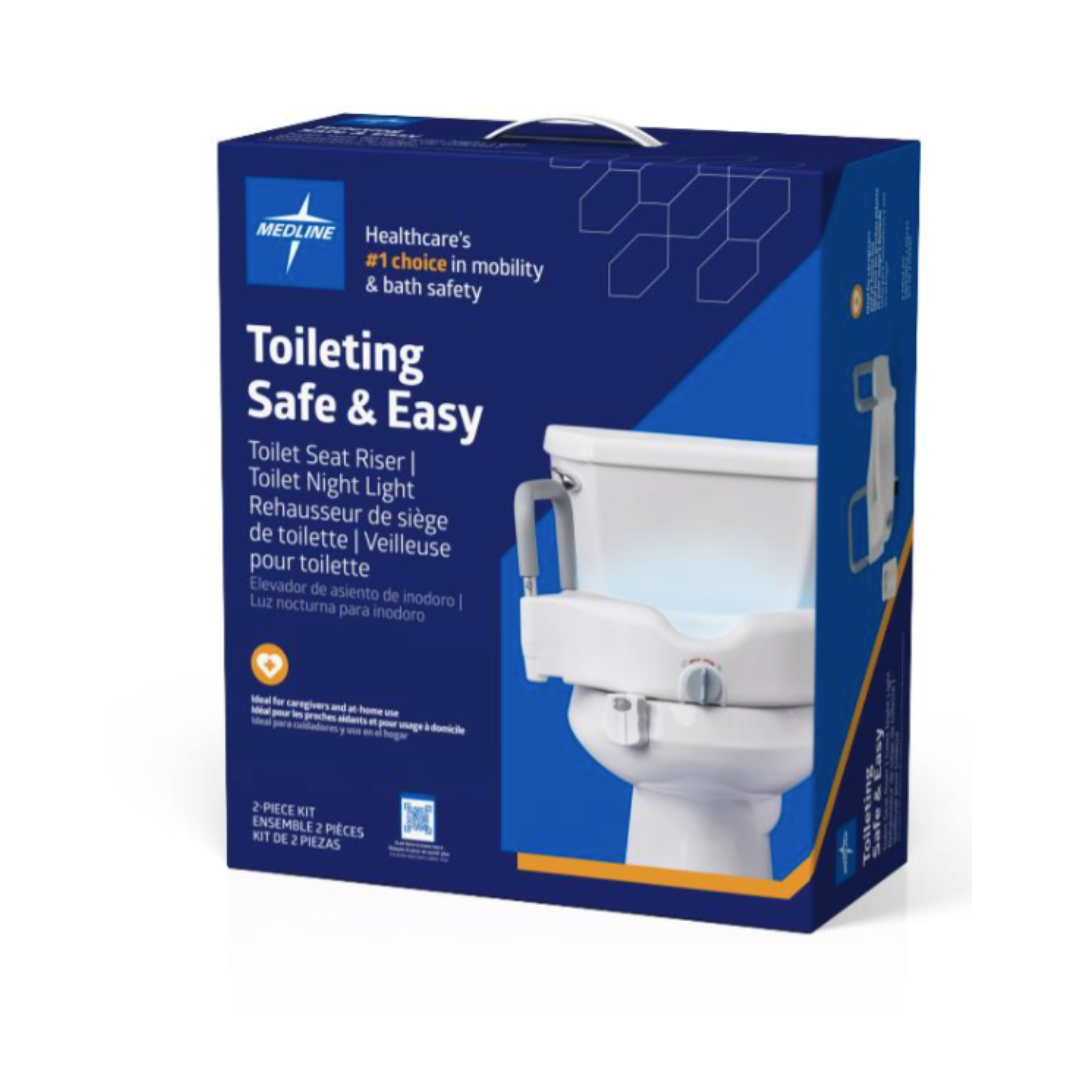 Blue and white box for Medline Toileting Safe and Easy Kit for Caregivers with Seat Riser, showing a toilet with white riser and motion-activated LED night light. Text highlights improved mobility and bathroom safety benefits.