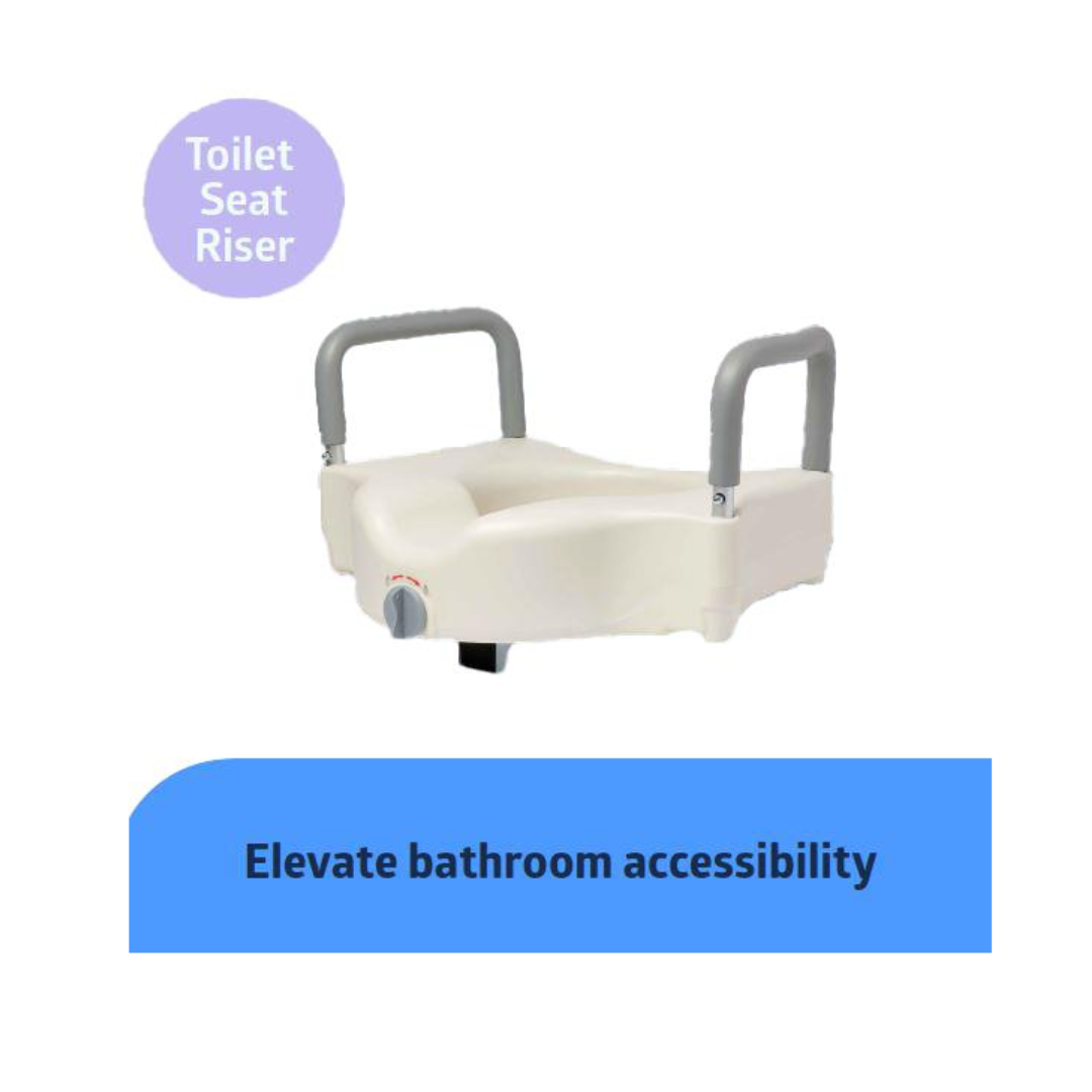 The Medline Toileting Safe and Easy Kit for Caregivers with Seat Riser, featuring gray handles, is displayed on a white background. A purple circle reads "Toilet Seat Riser" and a blue box says "Elevate bathroom safety.