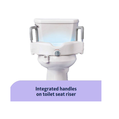 A white toilet shows a raised seat with gray handles. Text below reads: Medline Toileting Safe and Easy Kit for Caregivers with Seat Riser—integrated handles add bathroom safety, on a purple background.