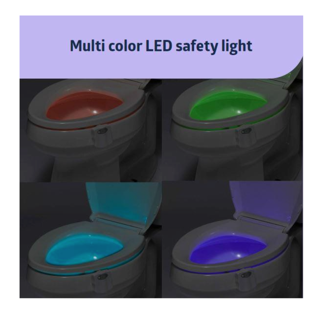 The Medline Toileting Safe and Easy Kit for Caregivers with Seat Riser features a motion-activated LED night light in red, green, teal, and blue. "Multi color LED safety light" appears above images for enhanced bathroom safety.