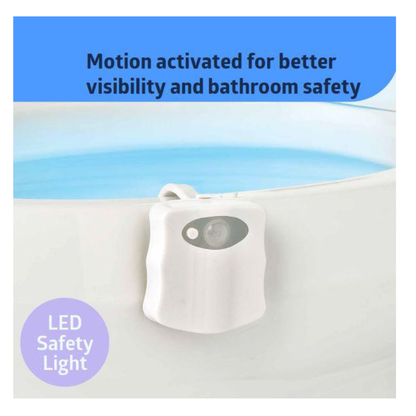 The Medline Toileting Safe and Easy Kit for Caregivers with Seat Riser features a white motion-activated LED night light on the toilet rim, enhancing visibility and safety in the bathroom.