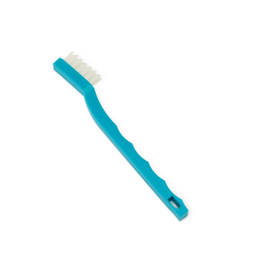 A Medline Nylon Toothbrush Instrument Cleaning Brush with a turquoise plastic handle and white bristles, ideal for instrument cleaning, shown on a white background.