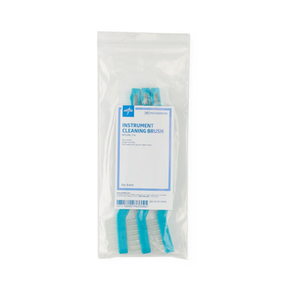A clear plastic bag contains three Medline Nylon Toothbrush Instrument Cleaning Brushes with blue handles and a white medical info label—ideal for medical use or as a Medline Toothbrush alternative.