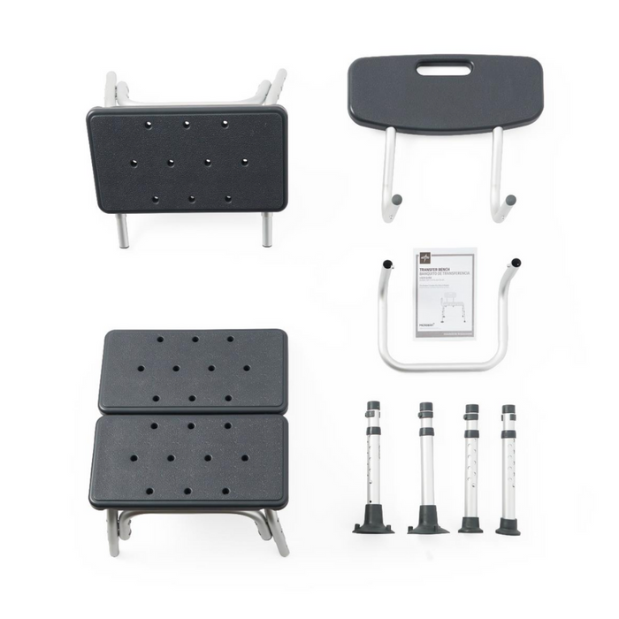Components of the Medline Tub Transfer Bench with Reversible Backrest, including a black and silver rust-resistant aluminum frame seat, two drilled leg panels, four adjustable legs with rubber tips, a U-shaped support bar, and an assembly instruction sheet are arranged for your bathtub transfer bench.