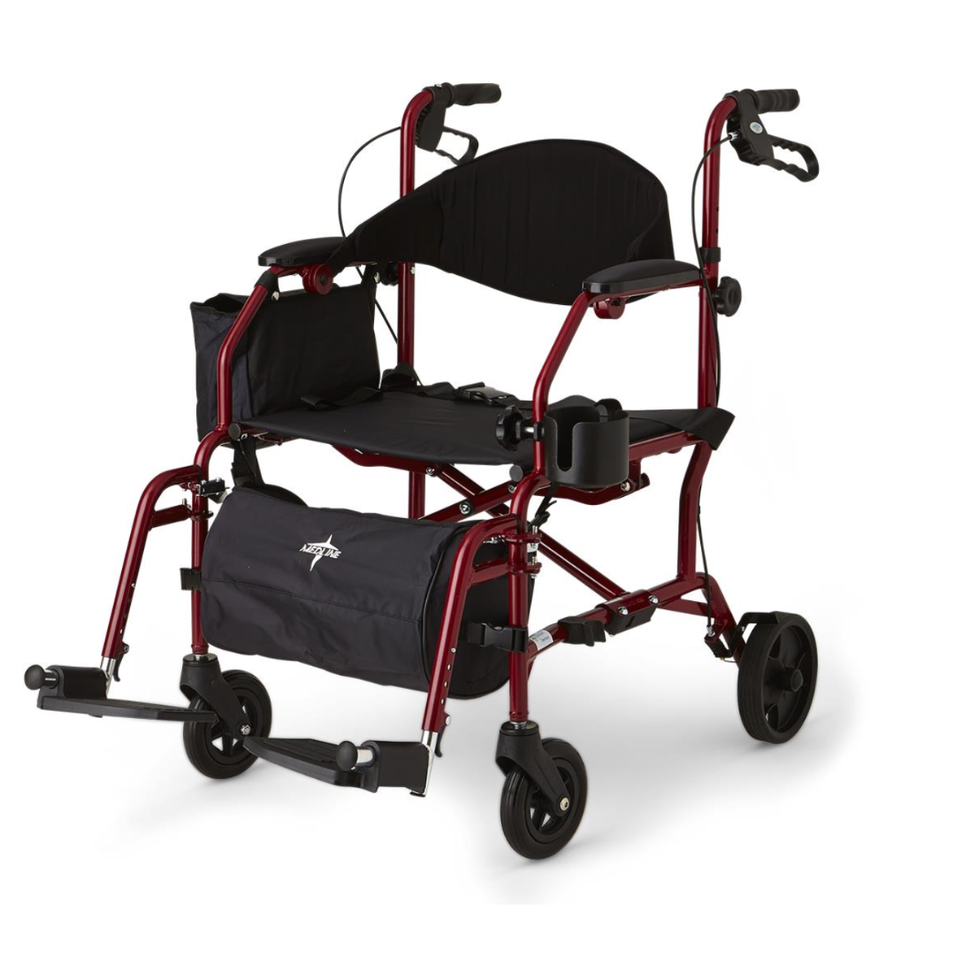 The Medline Translator is a versatile red metal transport wheelchair with black padding, collapsible design, removable footrest, storage pouch, hand brakes, and cup holder—an ideal 2-in-1 solution for convenient mobility assistance.