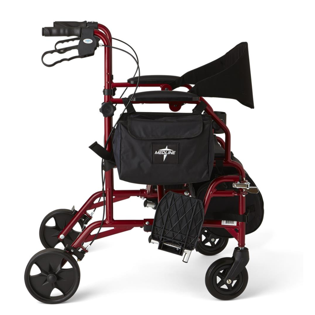 The Medline Translator Combination Rollator/Transport Chair is a versatile 2-in-1 mobility aid with four wheels, black handles, and features including a black seat, backrest, footrest, and an attached storage bag.