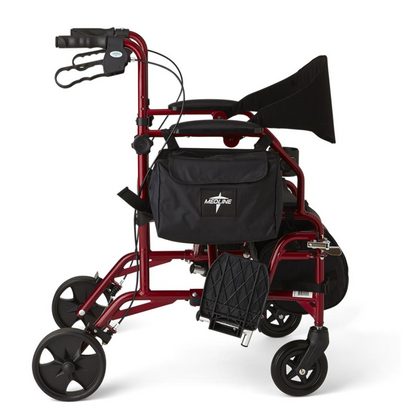 The Medline Translator Combination Rollator/Transport Chair is a versatile 2-in-1 mobility aid with four wheels, black handles, and features including a black seat, backrest, footrest, and an attached storage bag.
