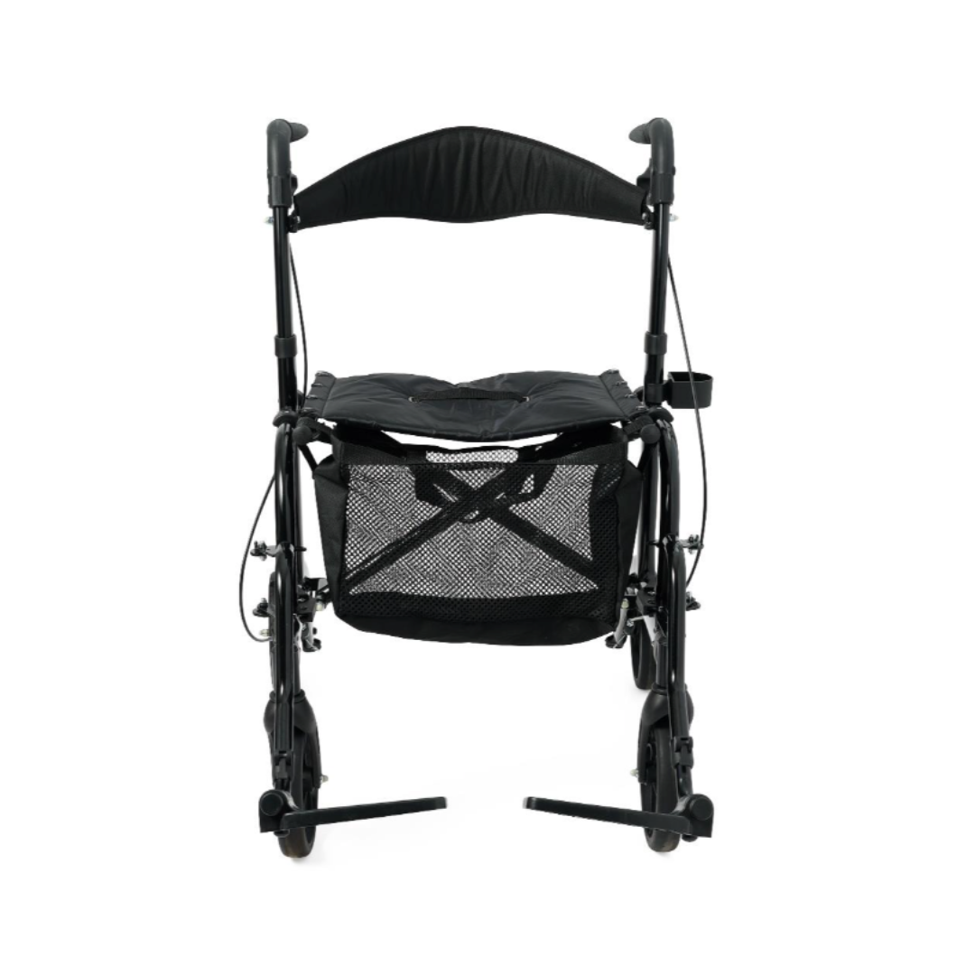 The Medline Euro Translator Hybrid Transport Chair and Rollator is a lightweight, foldable black mobility aid featuring a cushioned seat, mesh storage pouch under the seat, and footrests, shown from the front on a white background.