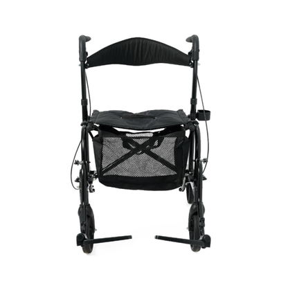 The Medline Euro Translator Hybrid Transport Chair and Rollator is a lightweight, foldable black mobility aid featuring a cushioned seat, mesh storage pouch under the seat, and footrests, shown from the front on a white background.