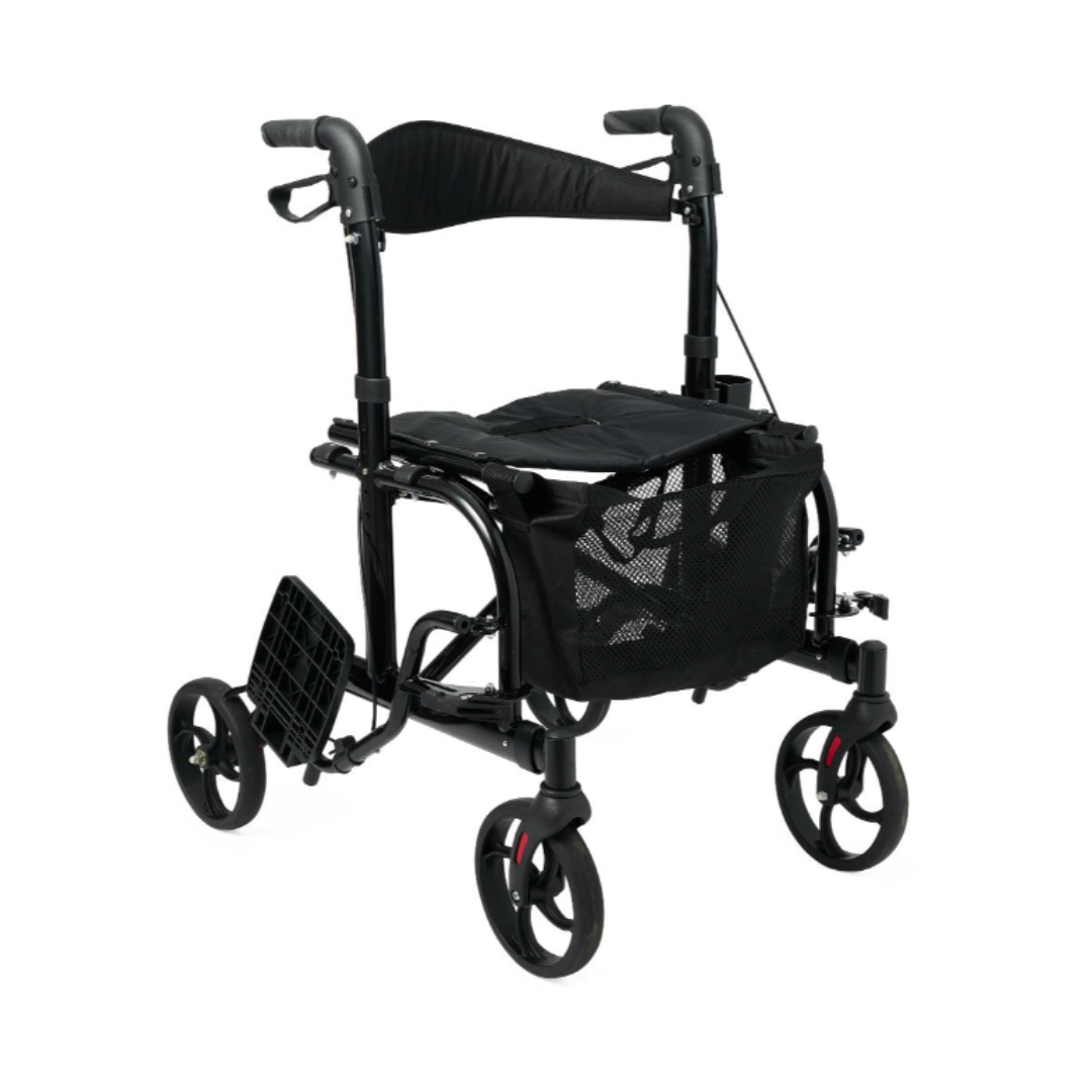 The Medline Euro Translator Hybrid Transport Chair and Rollator in black features four wheels, a mesh basket, padded seat, footrest, and hand brake handles—providing a versatile 2-in-1 mobility solution.