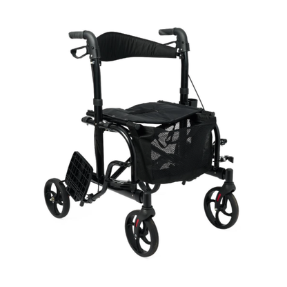 The Medline Euro Translator Hybrid Transport Chair and Rollator in black features four wheels, a mesh basket, padded seat, footrest, and hand brake handles—providing a versatile 2-in-1 mobility solution.