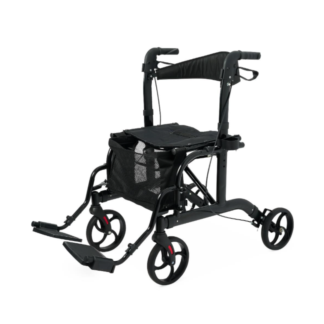 The Medline Euro Translator Hybrid Transport Chair and Rollator combines a four-wheel rollator and lightweight wheelchair with a seat, backrest, footrests, handlebars with brakes, and a mesh storage basket under the seat.