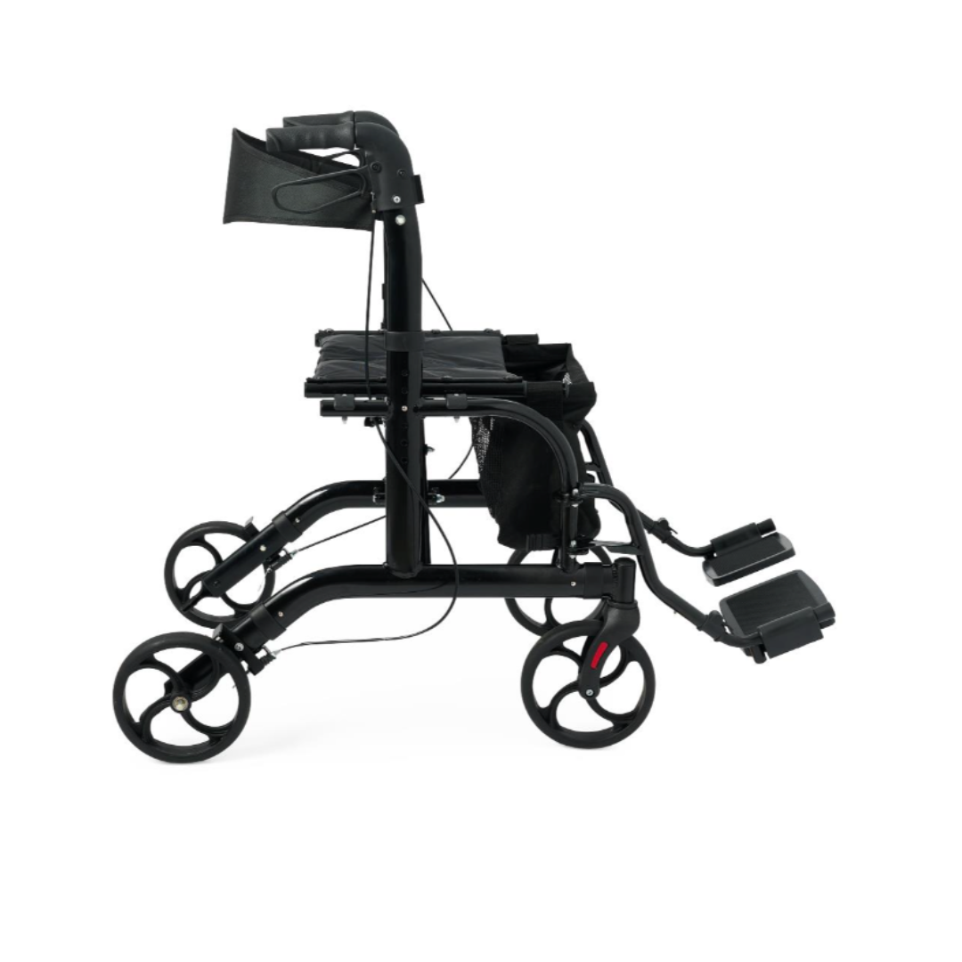 A side view of the Medline Euro Translator Hybrid Transport Chair and Rollator, a black 2-in-1 mobility aid that functions as both a rollator walker and lightweight transport wheelchair with four wheels, seat, and foldable footrests.
