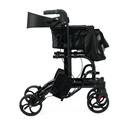 The Medline Euro Translator Hybrid Transport Chair and Rollator is a lightweight, 2-in-1 mobility aid with four wheels, a seat, backrest, and storage pouches. Shown folded from the side against a white background for convenience.