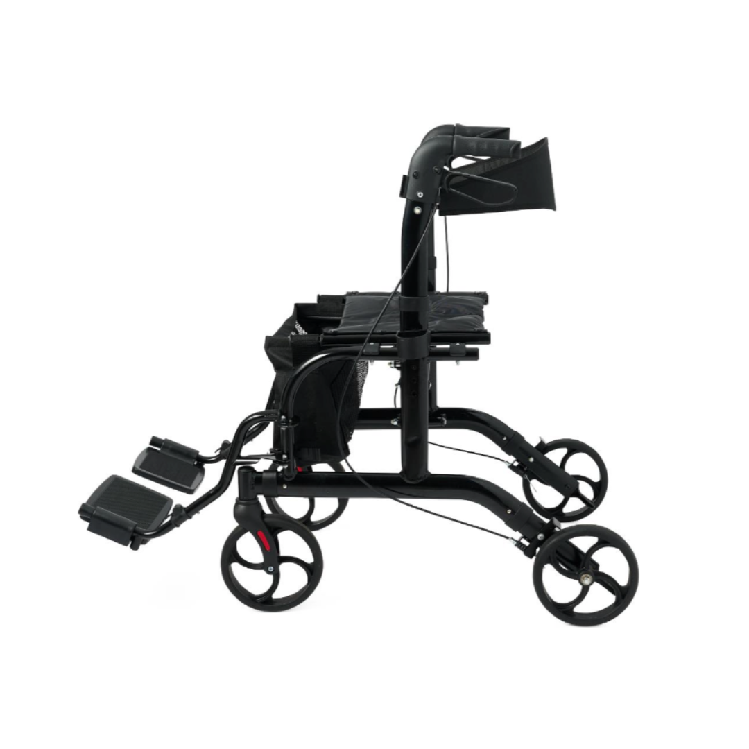 The Medline Euro Translator Hybrid Transport Chair and Rollator is a black, lightweight mobility aid with four wheels, seat, storage pouch, handlebars, and footrests, shown from the side on a white background.
