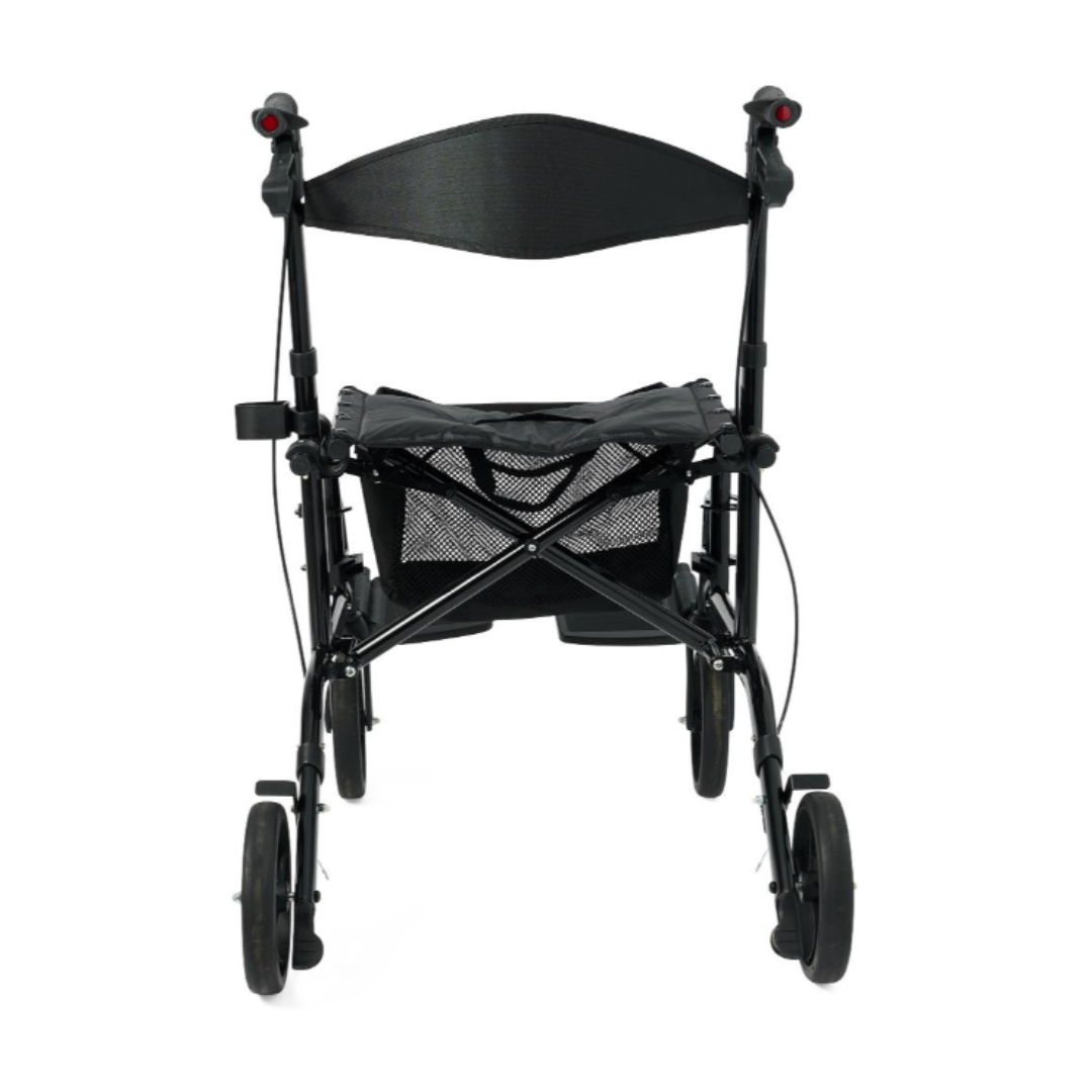 The Medline Euro Translator Hybrid Transport Chair and Rollator in black features four wheels, a seat, mesh pouch, handlebar brakes, and a foldable design for lightweight mobility. Shown from the front against a white background.