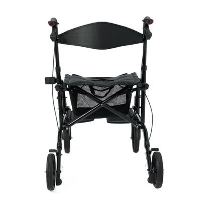 The Medline Euro Translator Hybrid Transport Chair and Rollator in black features four wheels, a seat, mesh pouch, handlebar brakes, and a foldable design for lightweight mobility. Shown from the front against a white background.