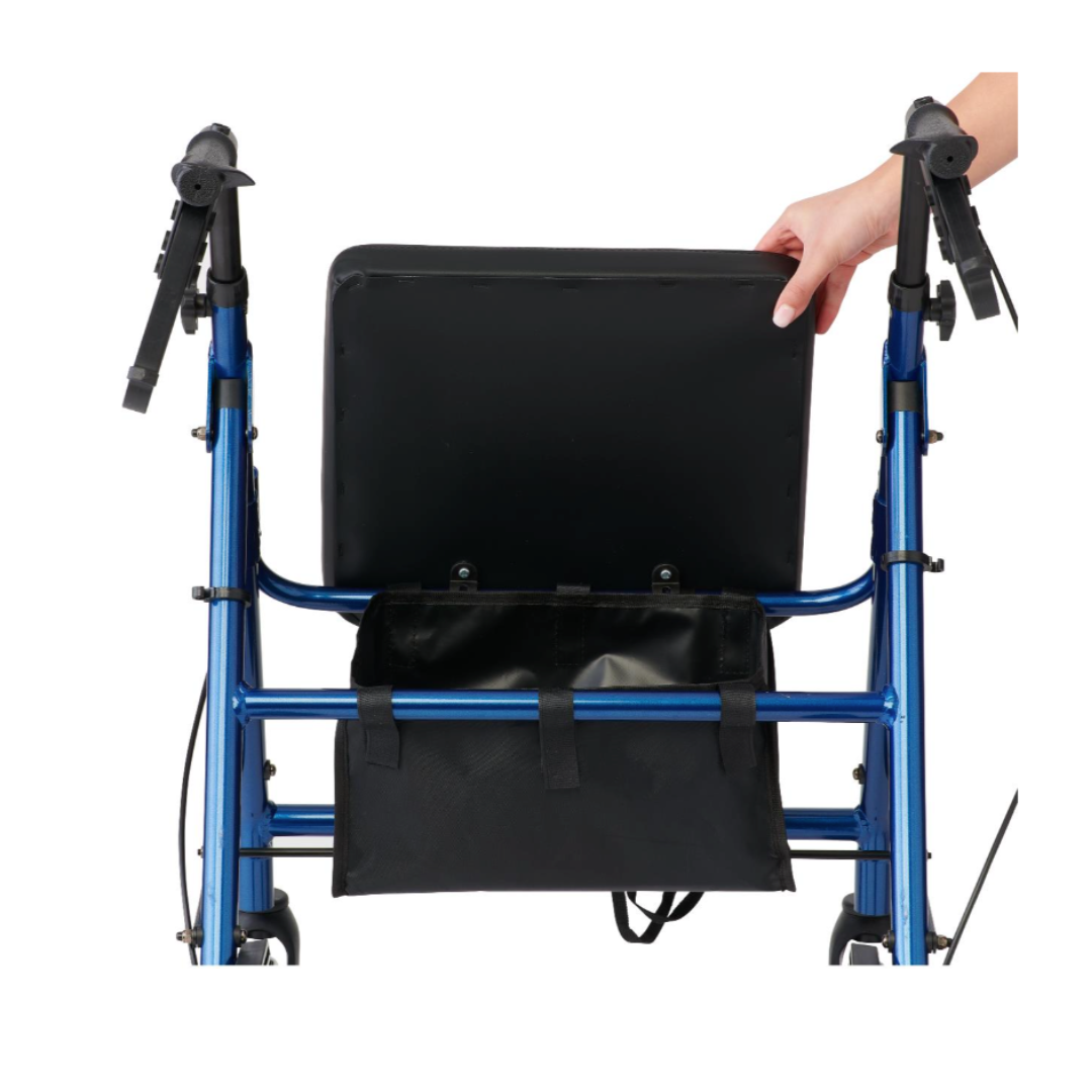 A hand lifts the black seat of a blue Medline Translator Hybrid Transport Chair and Rollator, revealing a black storage pouch attached to the frame—a versatile 2-in-1 walker and transport chair.