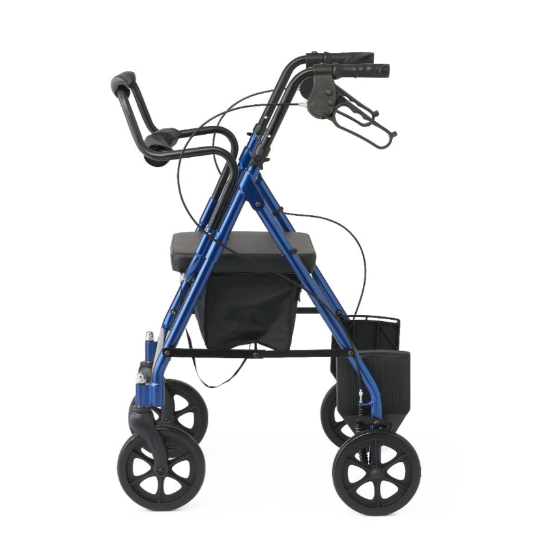 The Medline Translator Hybrid Transport Chair and Rollator is a blue four-wheeled mobility aid with a black seat, brakes on the handlebars, storage pouch under the seat, and front-frame basket.