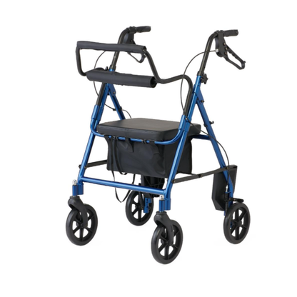 The Medline Translator Hybrid Transport Chair and Rollator is a blue folding walker with four wheels, padded seat, storage pouch beneath, and hand brakes for reliable everyday mobility assistance.
