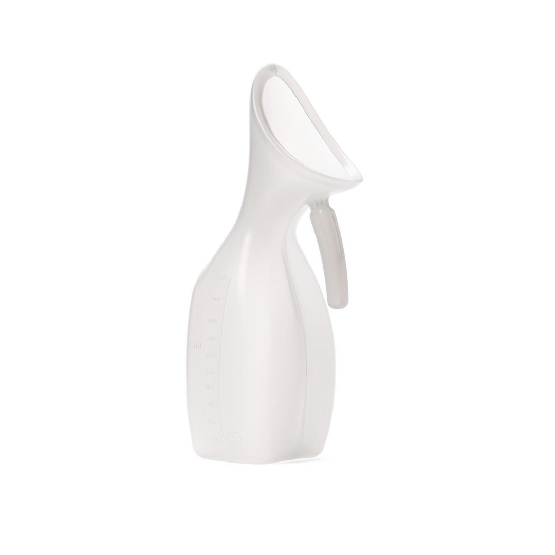 The Medline Translucent Female Urinals feature a white plastic design with curved spout, side measurement markings, and an integrated handle—ideal as a bedside urinal for convenient homecare.