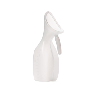 The Medline Translucent Female Urinals feature a white plastic design with curved spout, side measurement markings, and an integrated handle—ideal as a bedside urinal for convenient homecare.